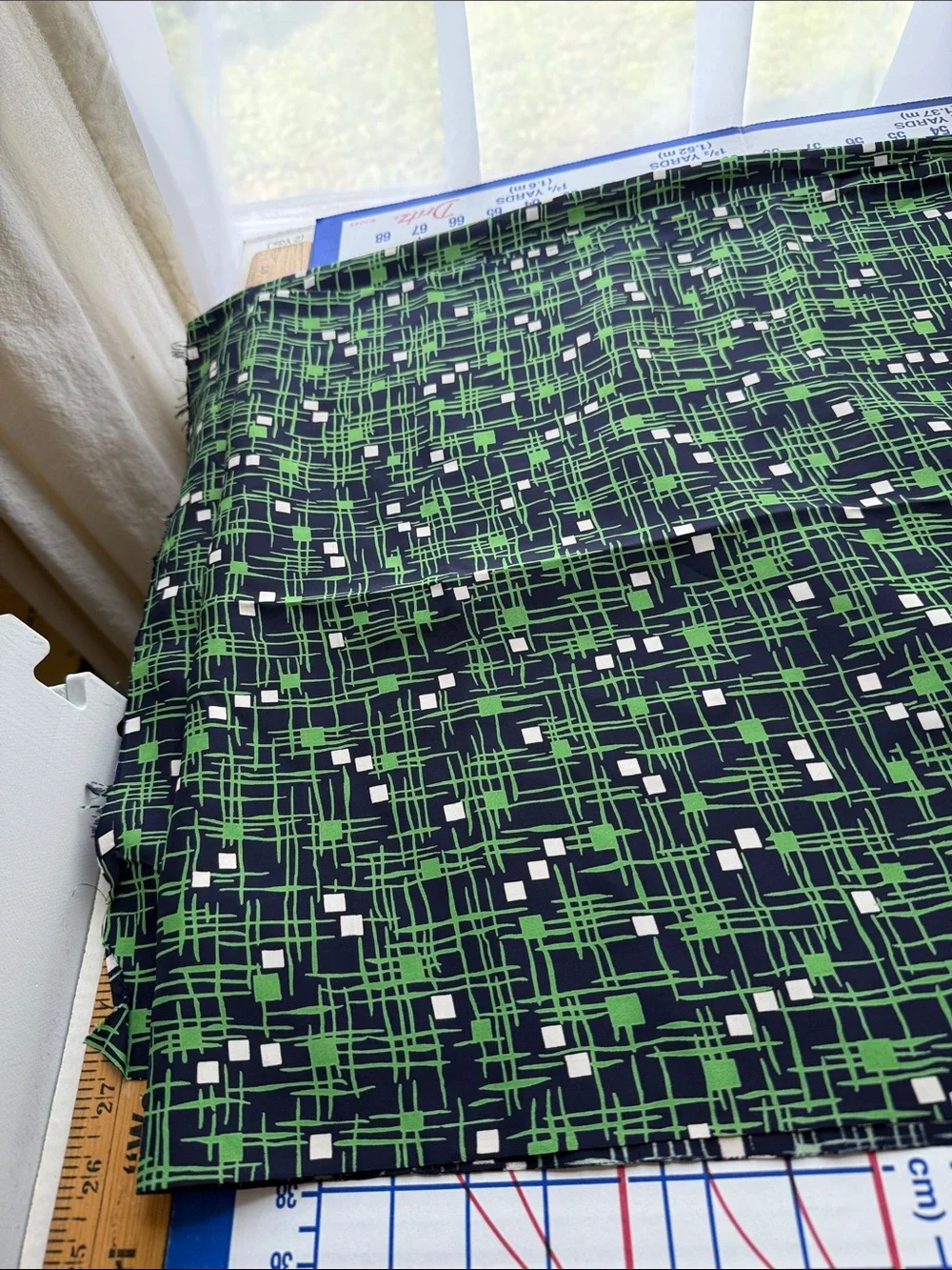 Vintage 1950s MCM Abstract Fabric Navy/Black Green Ivory 5 Yards x 36 Drapey
